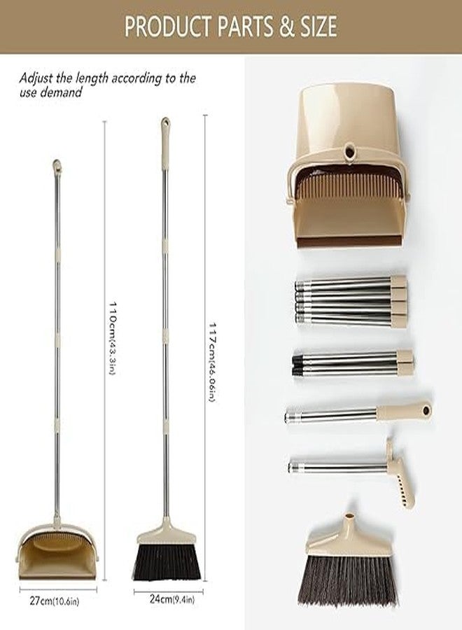 IMUU Broom Brush & Dustpan with Extendable Long Handle Broom Combo Set Self-Cleaning with Dustpan Rotation Head and Standing Dustpan, Sweeping Stand Up for Floor Cleaning Schools Hotel Home (Cream) - Image 2